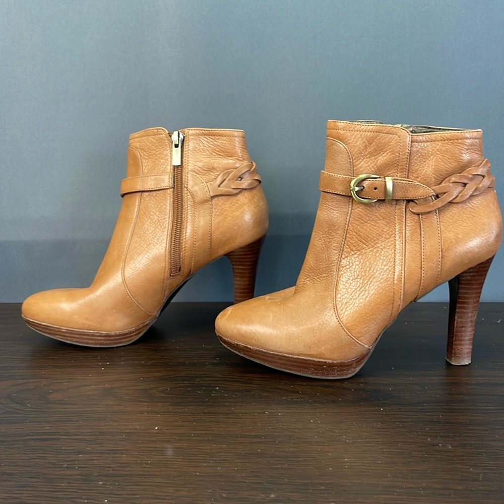 Banana Republic tan brown ankle heel boots braided band and buckle side zip